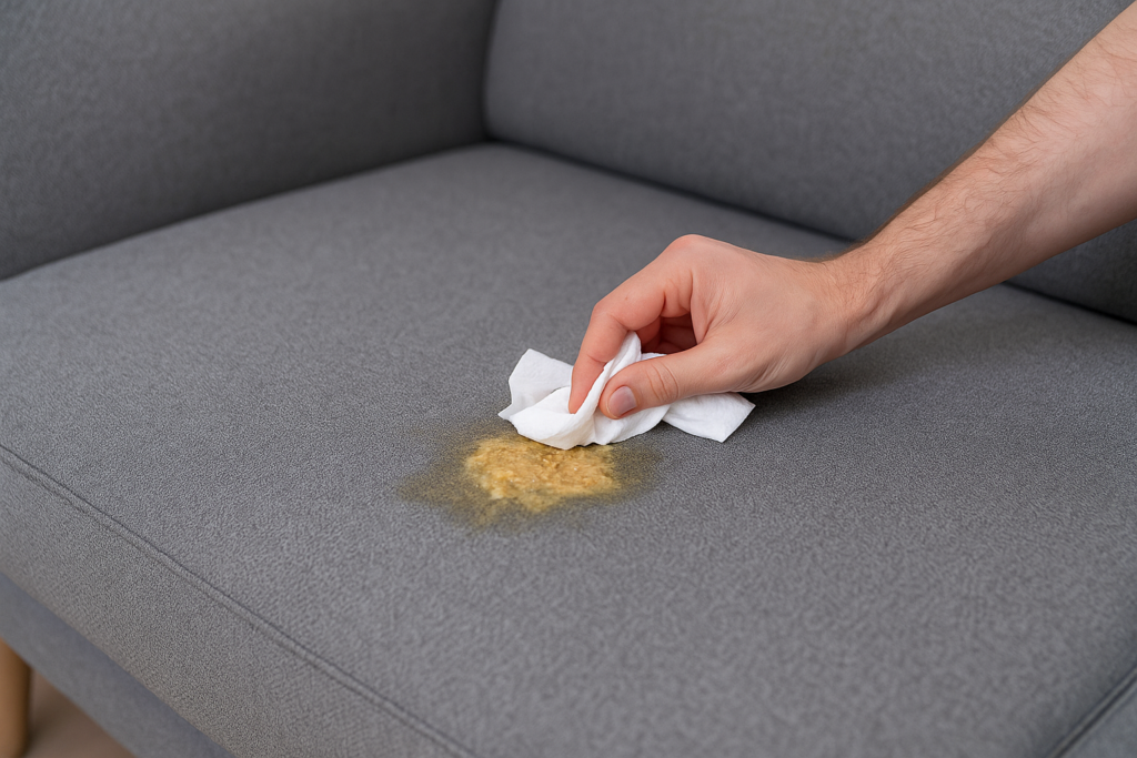 Ręka wycierająca wymiociny z szarej tapicerowanej kanapy ściereczką.