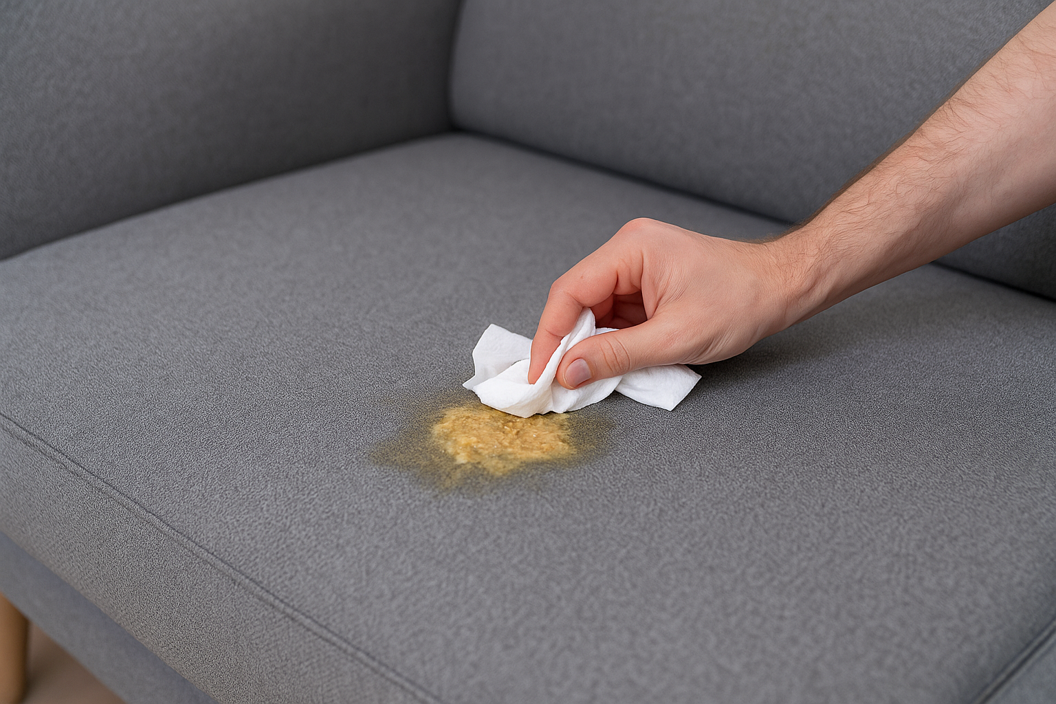 Ręka wycierająca wymiociny z szarej tapicerowanej kanapy ściereczką.